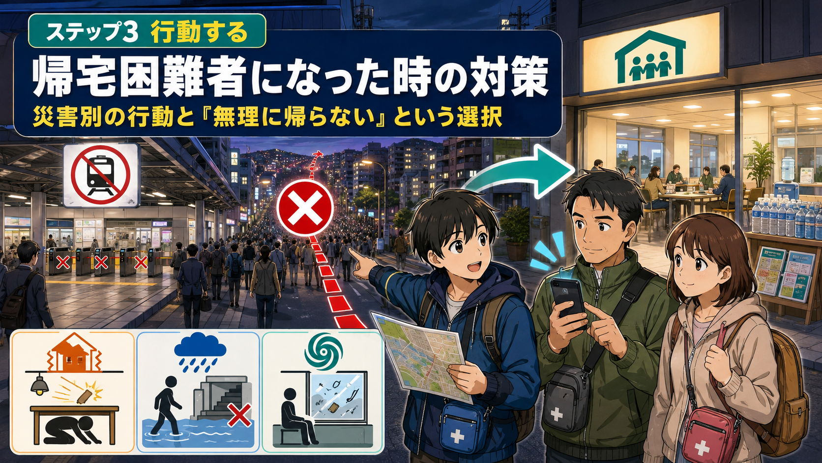 帰宅困難者になった時の対策｜災害別の行動と「無理に帰らない」という選択