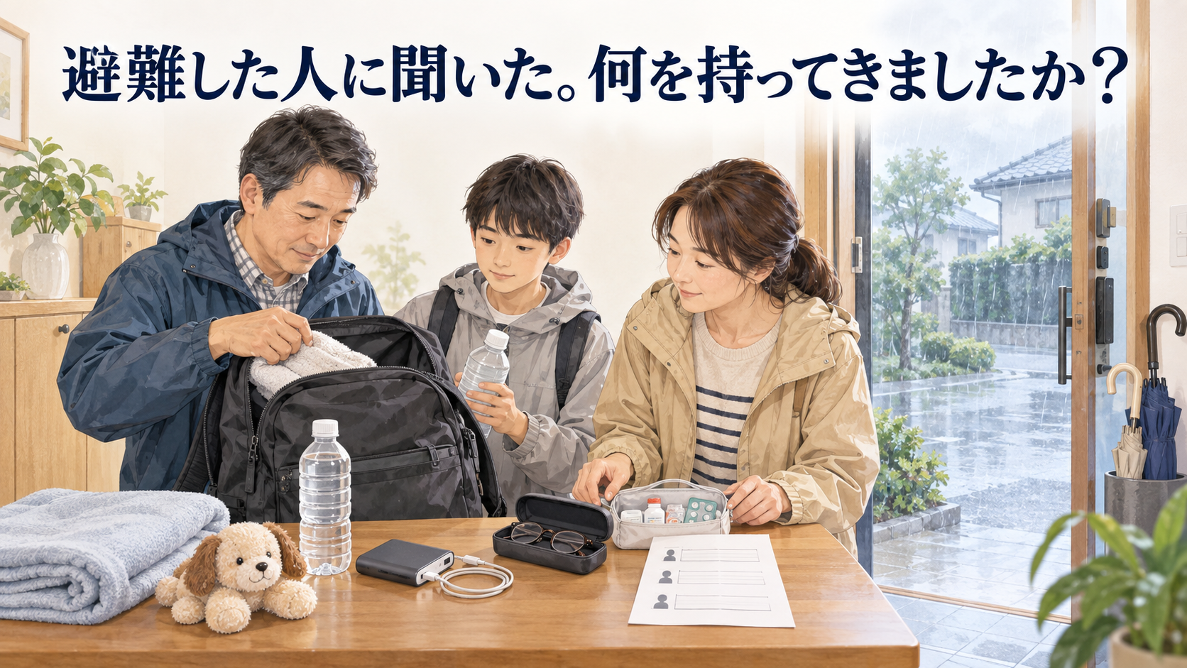 雨の日の避難に備え、家族が水や薬、眼鏡、充電器をリュックに入れる様子
