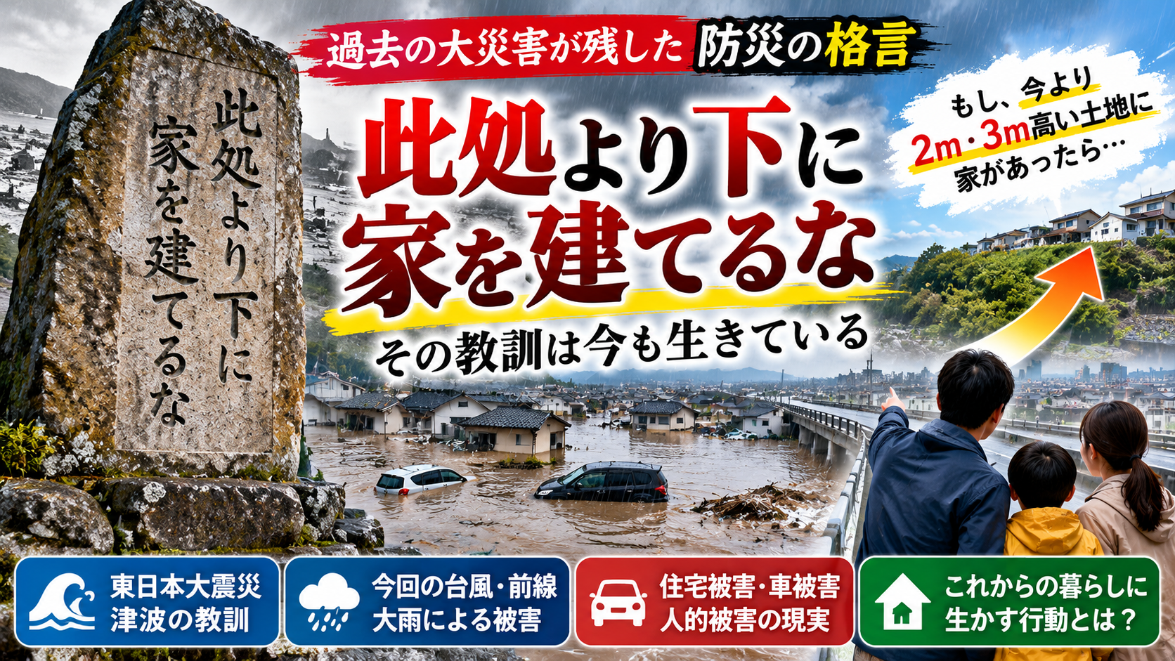 此処より下に家を建てるなの教訓を津波や大雨による住宅・車の浸水被害から考える防災ラボる「防災格言」第2回のアイキャッチ画像