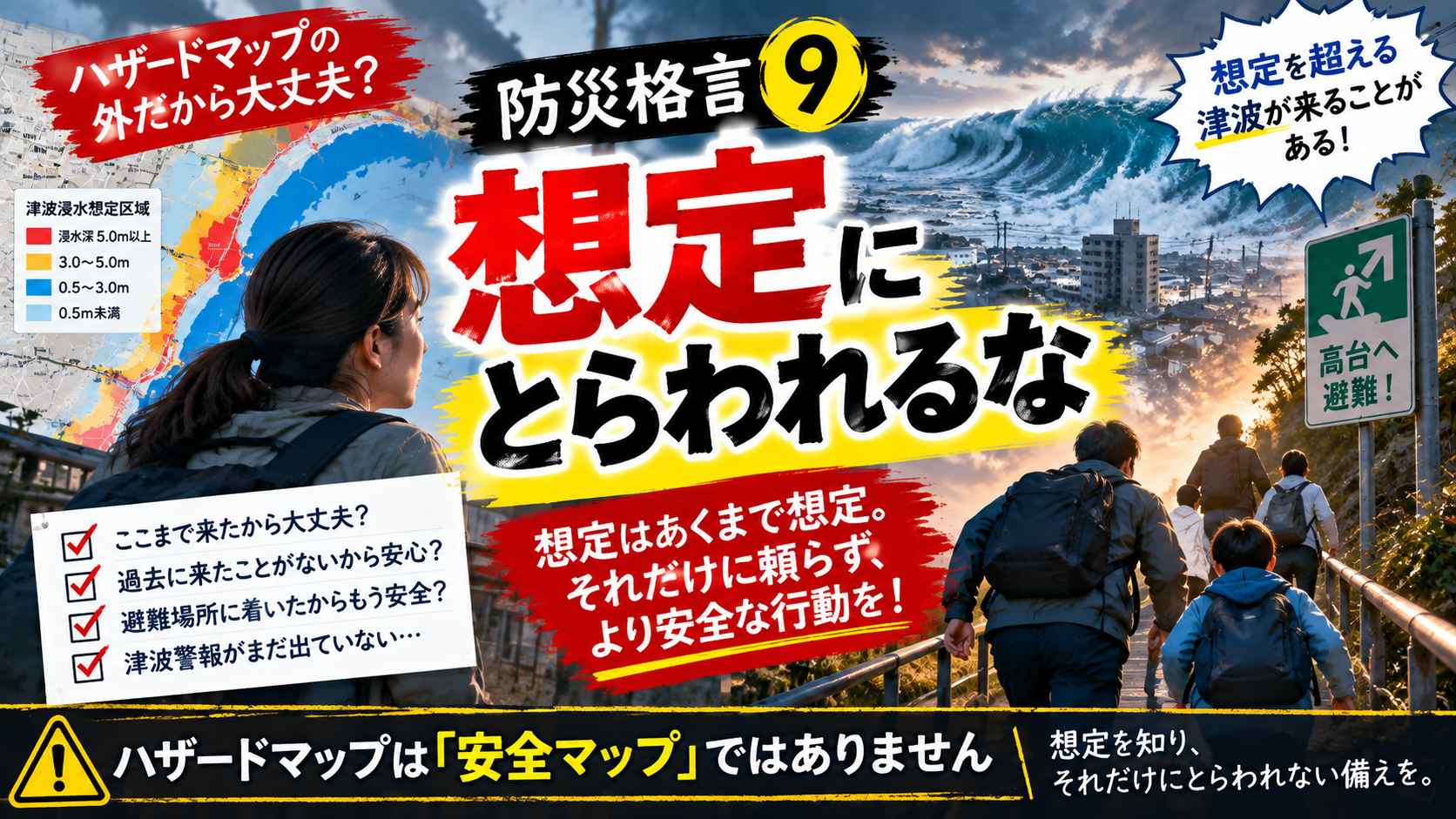 防災格言⑨「想定にとらわれるな」ハザードマップの想定だけに頼らず津波から高台へ避難する重要性を伝えるアイキャッチ画像
